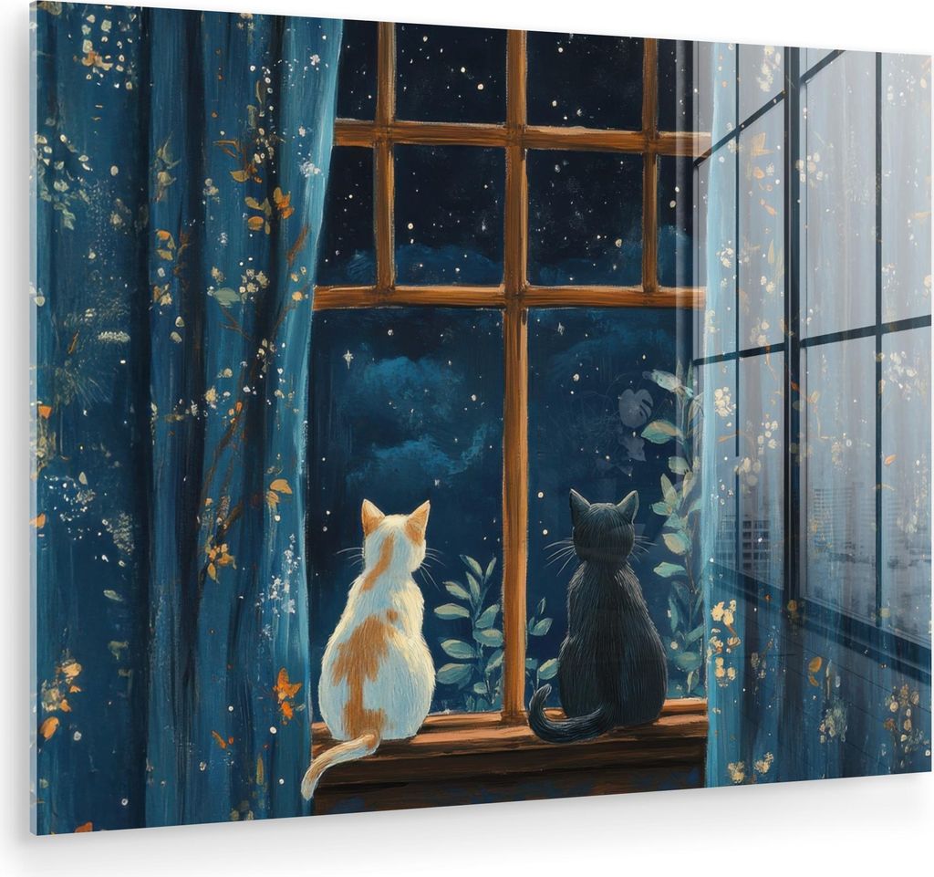 MuchoWow Glasbilder - Bilder auf Wandbild - Foto auf Glas Katze - Sternenhimmel - Blau 80x60 cm Wanddekoration aus Glas - Acrylglasbild - Acrylbild...
