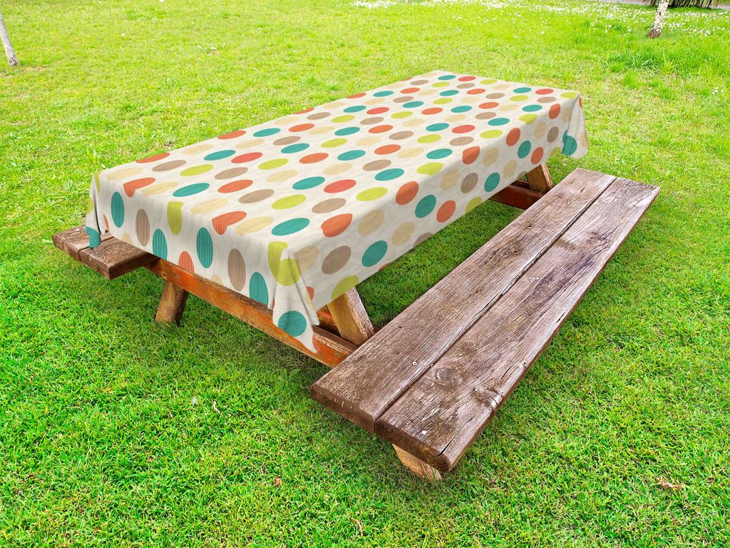 ABAKUHAUS Retro Tischdecke Outdoor, Buntes Muster mit gestreiften Kreisen auf Grungy Hintergrund Flippy abstrakt und pickelig, Mehrfarbig, 145x265cm