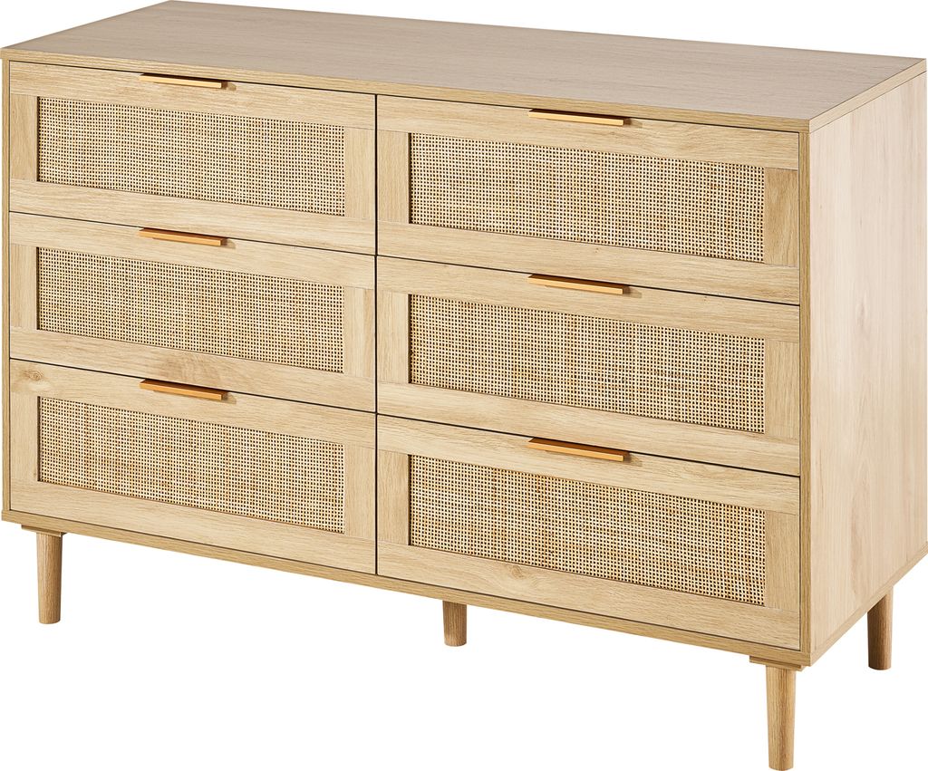 SucceBuy Kommode mit 6 Schubladen aus natürlichem Rattan – Boho-Stil mit geräumigem Stauraum für Schlafzimmer, Wohnzimmer und Flur, braun, sta...