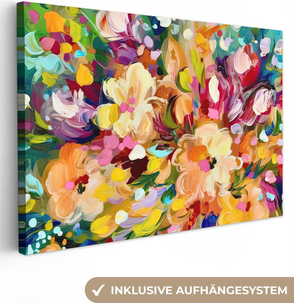 MuchoWow - Leinwandbilder - Gemälde - Ölfarbe - Blumen - Regenbogen, Wandbild, Wanddeko Bilder Wohnzimmer, 30x20 cm