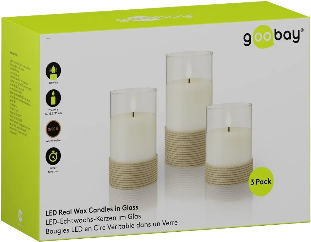 Goobay 77773: 3 Candele LED Vetro e Vera Cera - Risparmio e Durata - 19