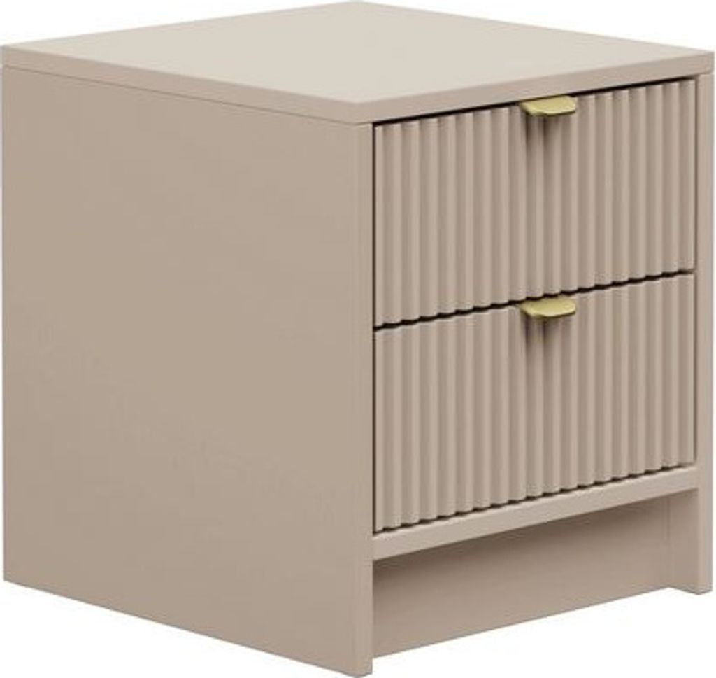 A neutral studio shot of a sandbeige nightstand with two drawers.