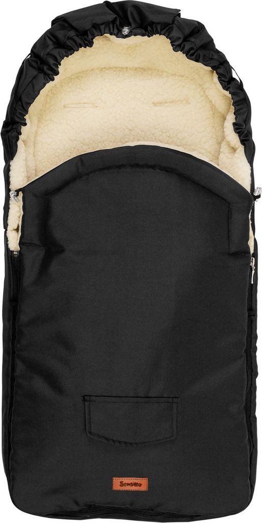 A black winter footmuff for a stroller or buggy, shown from the front.