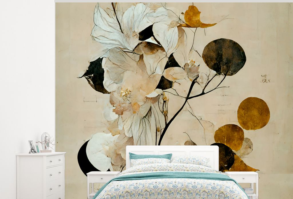 MuchoWow Fototapete für Wohnzimmer oder Schlafzimmer Wandtapete Vinyl Motivtapete Blumen - Blätter - Baum - Pastell - 275x220 cm - Gemustert