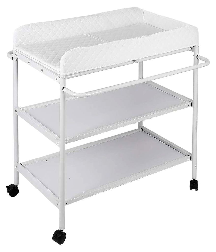 Wickeltisch für Babyzimmer, Wickelkommode, mobiler Wickeltisch mit Rollen mit 2 offenen Einlegeböden, Wickeltisch für Babys, 84 cm x 48 cm x 90 cm