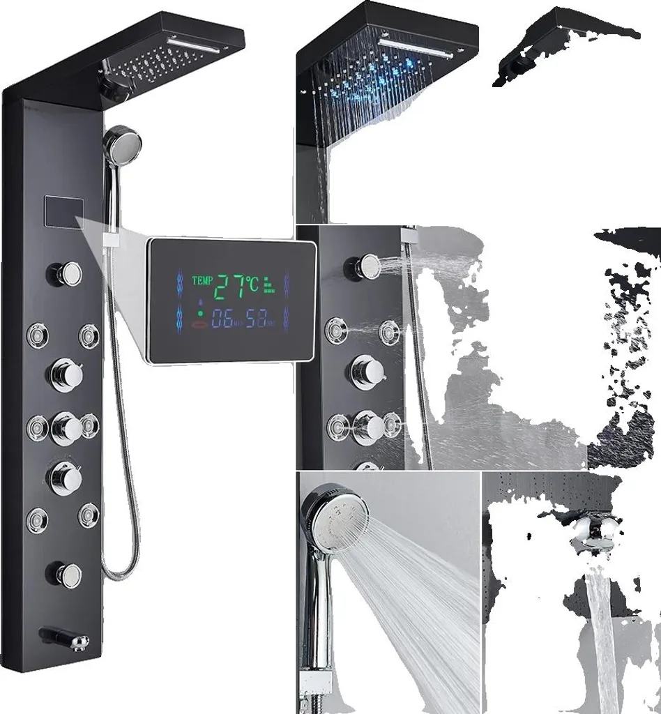 Colonne de douche hydromassante noire avec écran LED et jets massants