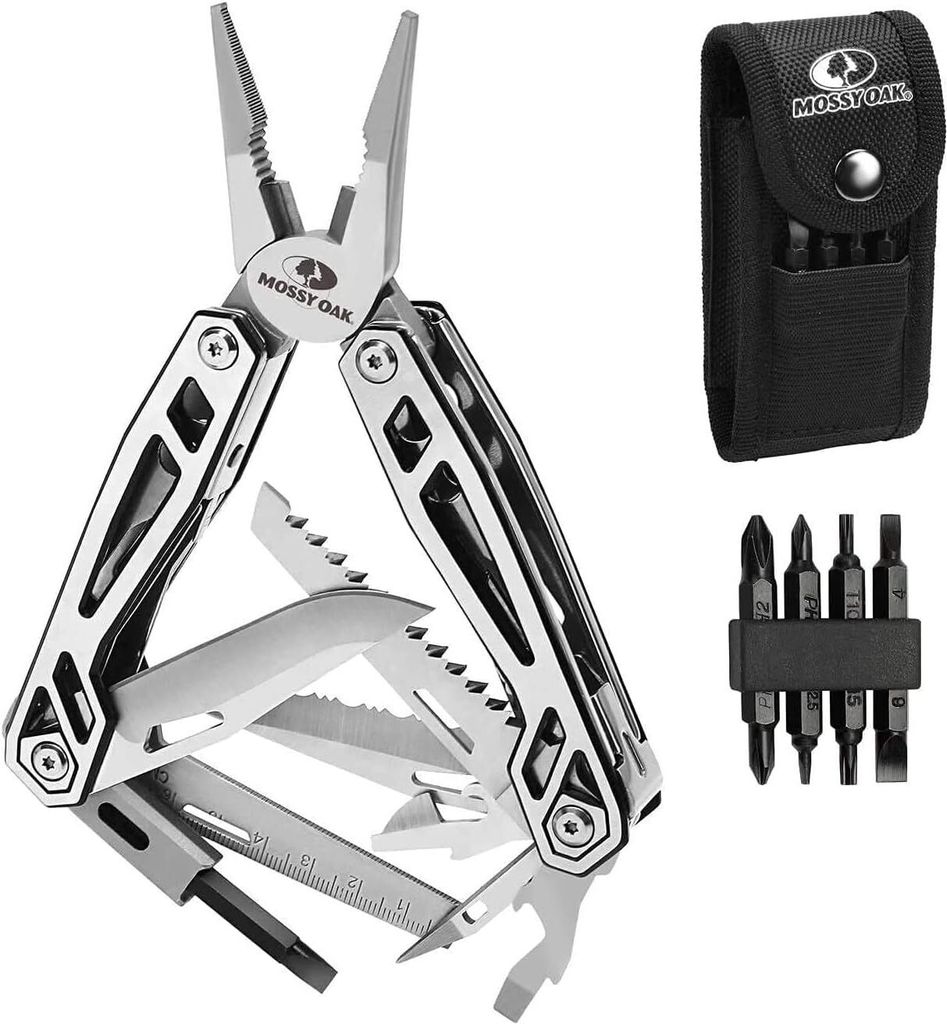 A multi-tool and its accessories are displayed against a white background.