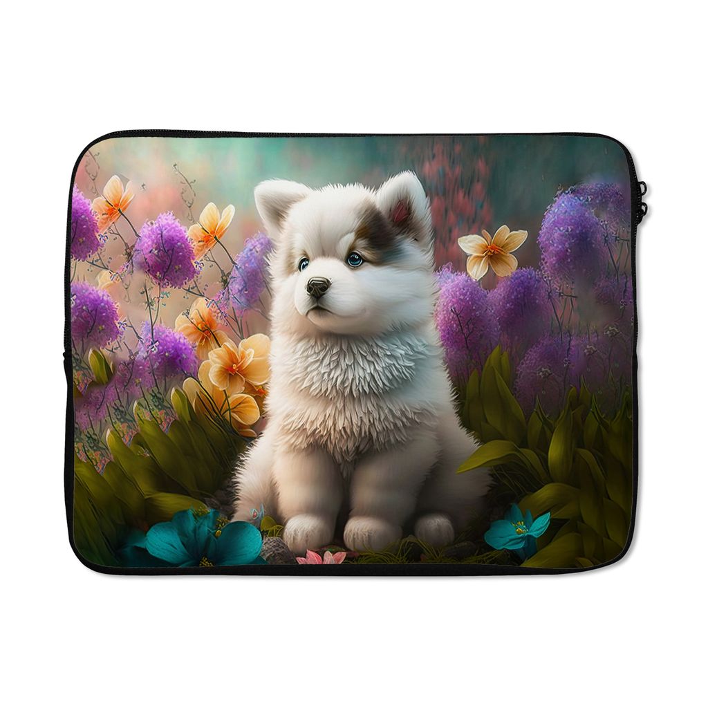 MuchoWow Laptop Hülle 17 Zoll Laptoptasche Welpe - Blumen - Pflanzen - Natur - Husky - Zipper - Schutzabdeckung