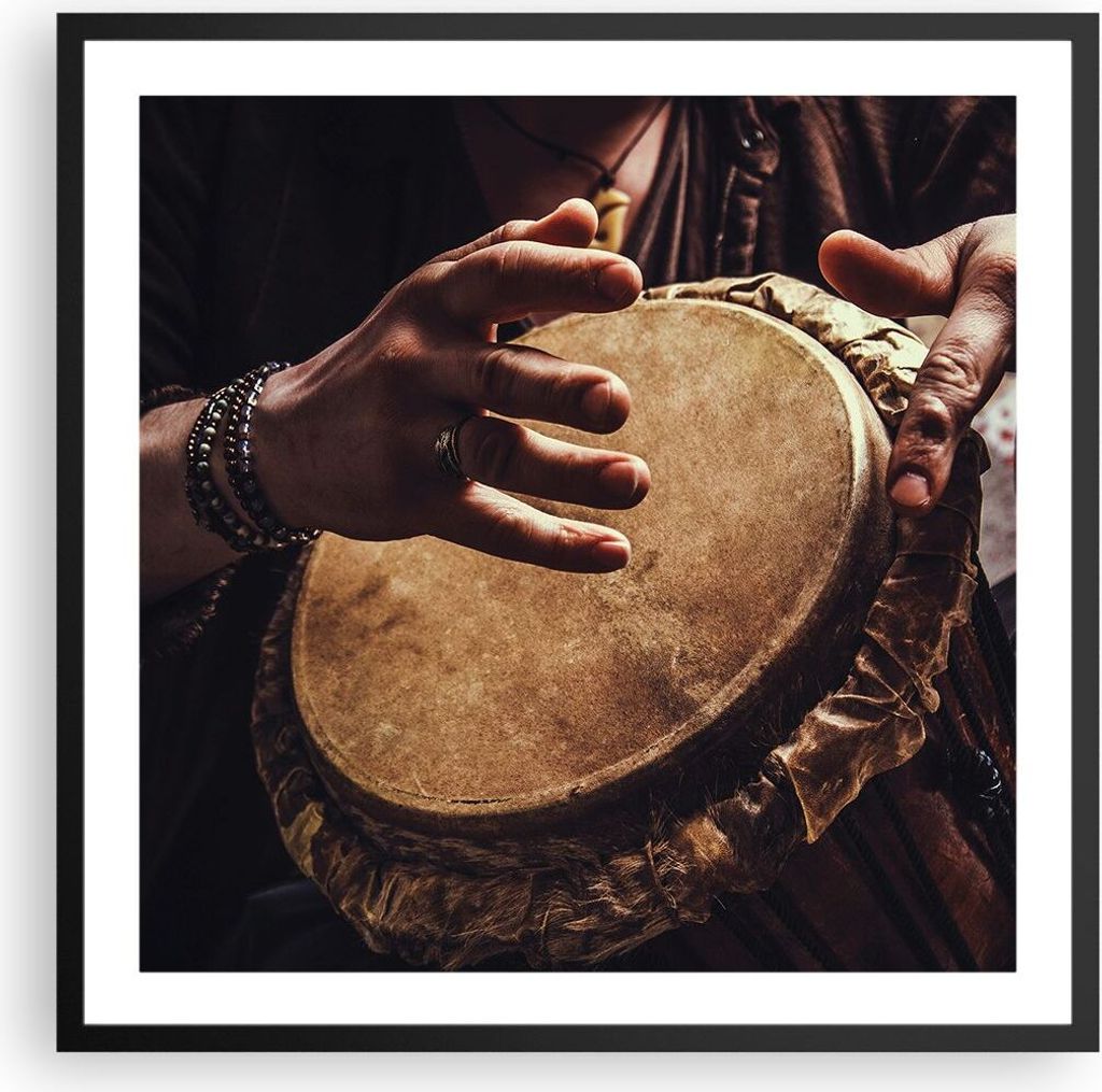 Gerahmtes Poster - Schwarzer Rahmen - Trommel Indien Musiker - 60x60 cm - Wand Bild - Wanddeko - Wandbilder - Kunstposter - Wandposter - Bilderrahm...