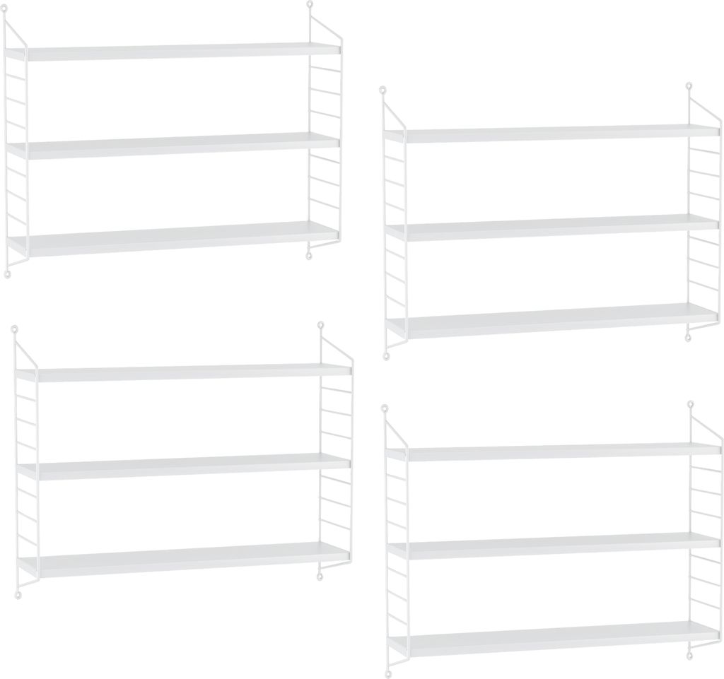 Four identical white modular shelving units arranged in a grid.