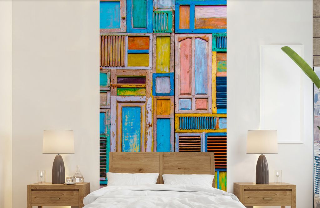 MuchoWow Fototapete für Wohnzimmer oder Schlafzimmer Wandtapete Vinyl Motivtapete Türen - Blau - Abstrakt - Architektur - Neon - 120x240 cm - H...