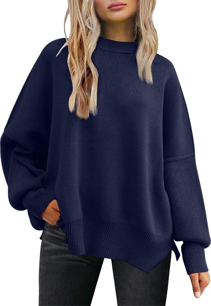 ASKSA Damen Pullover Rundhals Oversized Strickpullover Fledermausaermel Pulli Herbst Winter Warm Lose Strick Seitlichem Schlitz Sweater Oberteile (...