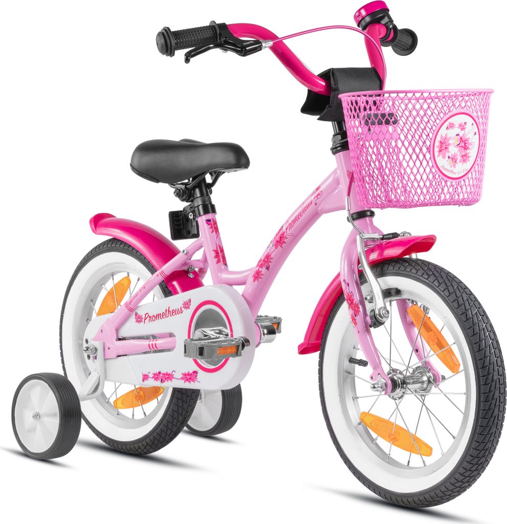 PROMETHEUS Mädchenfahrrad 14 Zoll in Rosa Lila & Weiß mit Produktbild 