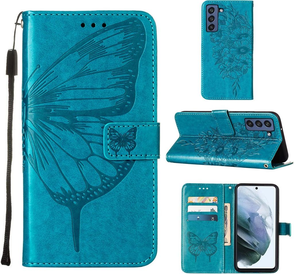 Galaxy S21 FE Hülle, Schmetterling Prägung Flip Leder Kartenfächer Schutzhülle Ledertasche mit Ständer für Samsung Galaxy S21 FE Blau