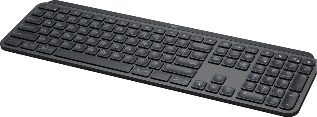 A black wireless keyboard is shown from a slightly elevated side angle against a white background.