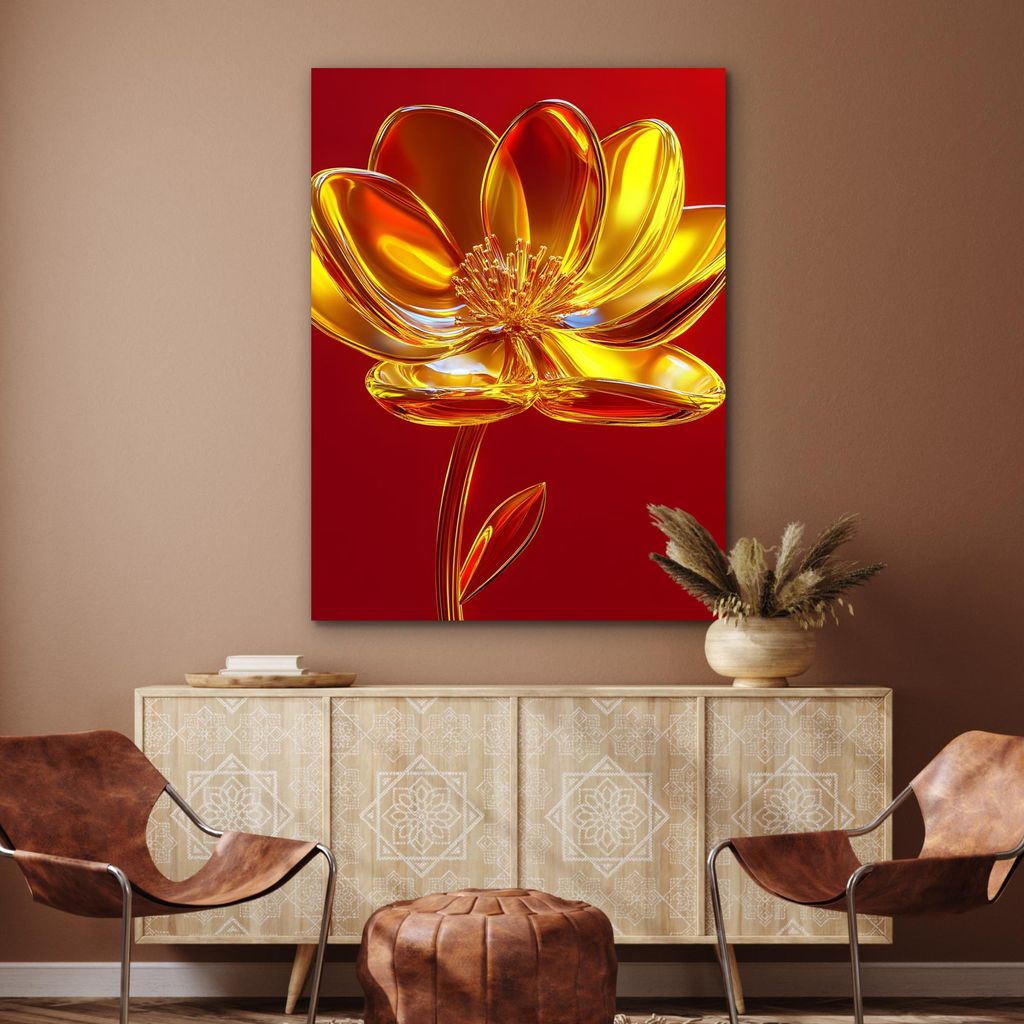 MuchoWow Wanddekoration Metall Metallbild Wandkunst 90x120 cm Blume - Gold - Gläser MuchoWow Aluminium Gemälde - Industrial