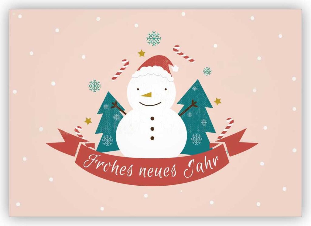 4x Süße Vintage Weihnachtskarte mit Schneemann, rosa: Frohes neues Jahr