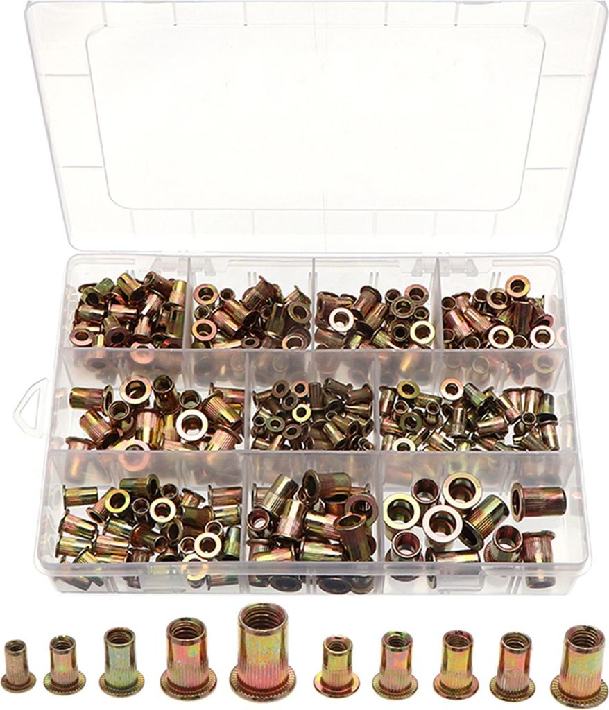 300-teiliges Sortiment an Zugnieten, Schrauben und Muttern aus farbig verzinktem Kohlenstoffstahl für Reparatur- und Renovierungsarbeiten