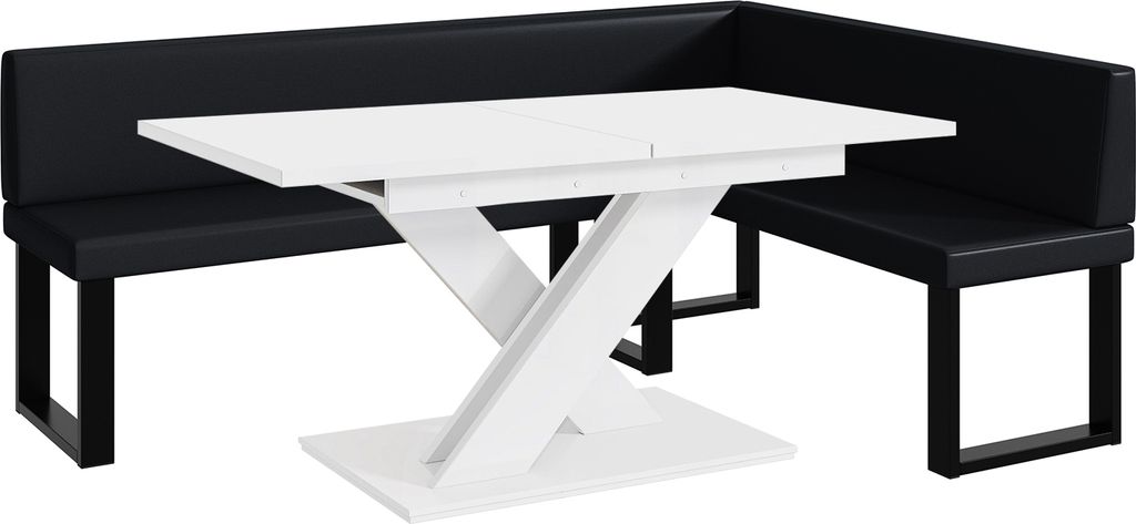 MEBLINI Eckbank für Esszimmer mit ausziehbarem Tisch - Küchenbank - Essecke - Sitzecke Küche - TONI - U-Beine 142x196x87cm Rechts - Schwarz Kuns...