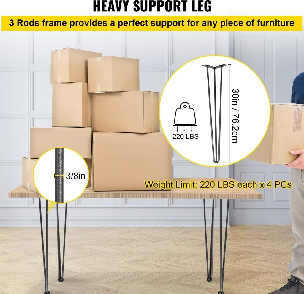 Gambe per tavolo a forcina 30 pollici nere Set di 4 gambe per scrivania Capacità 220 libbre ciascuna Gambe per scrivania a forcina 3 aste per panca, scrivania, tavolino da pranzo, sedie Gambe per tavolo fai da te Acciaio al carbonio Gambe per mobili resistenti - 3