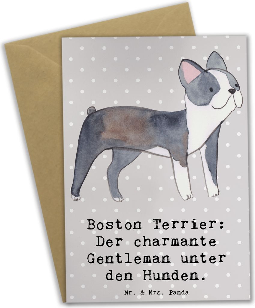 Mr. & Mrs. Panda Grußkarte Boston Terrier Gentleman - Grau Pastell - Geschenk, eleganter Hund, Hundeslogans, Hunderassen, Hunderasse, weihnachtska...