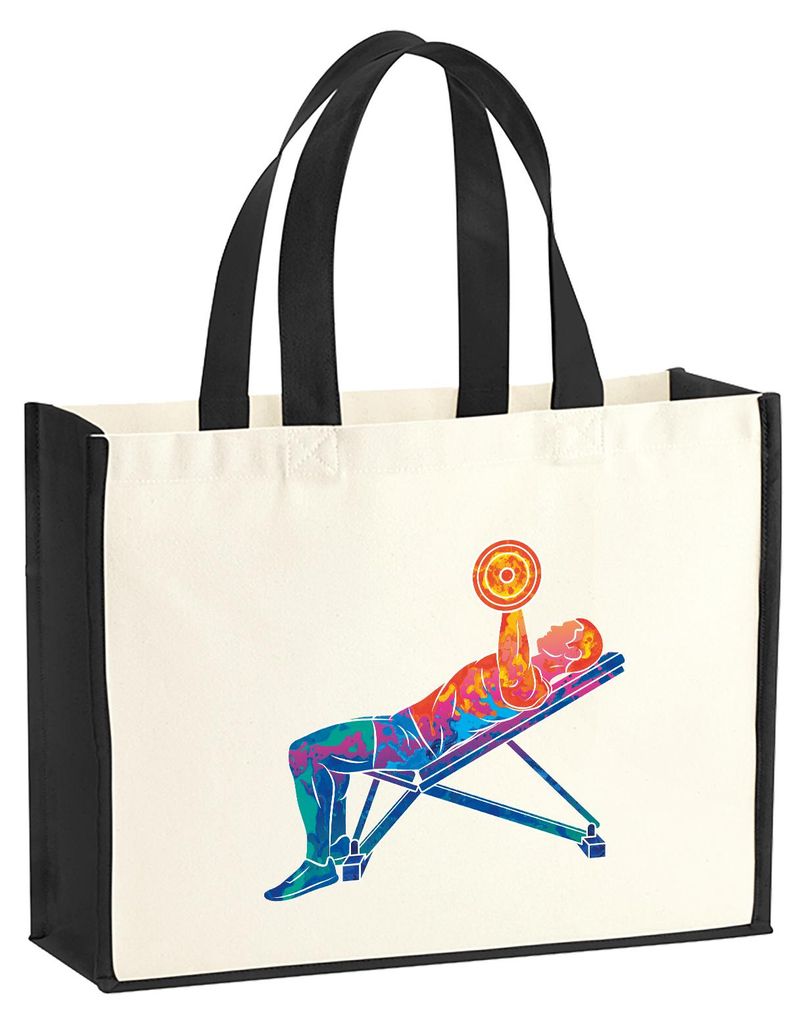 Huuraa Jutetasche Fitness Training Bench Press bunte Silhouette 21 Liter Black Jute und Baumwolle Einkaufstasche Geschenkidee