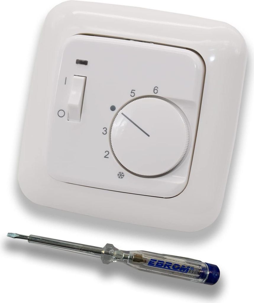 Halmburger Raumthermostat Raumtemperaturregler RTR-77rg mit Schalter AN/AUS in Busch Jäger Reflex SI alpinweiß im Rahmen + EBROM Phasenprüfer zu...