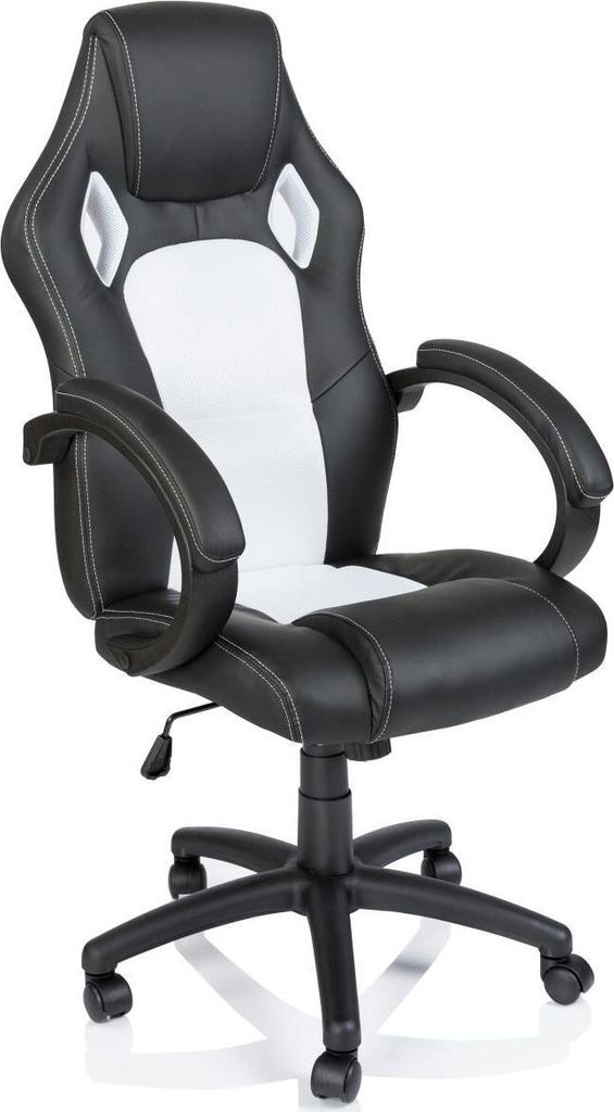A black and white racing-style office chair on a white background.