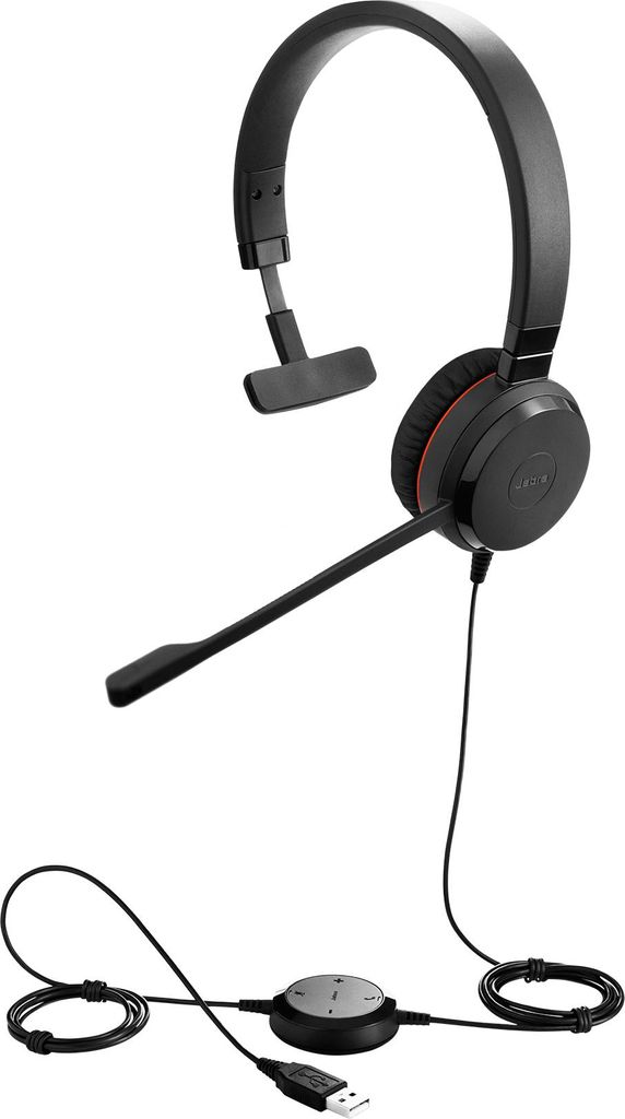 A black Jabra Evolve 30 II MS Mono headset with a microphone boom arm and a USB cable with an inline control unit.
