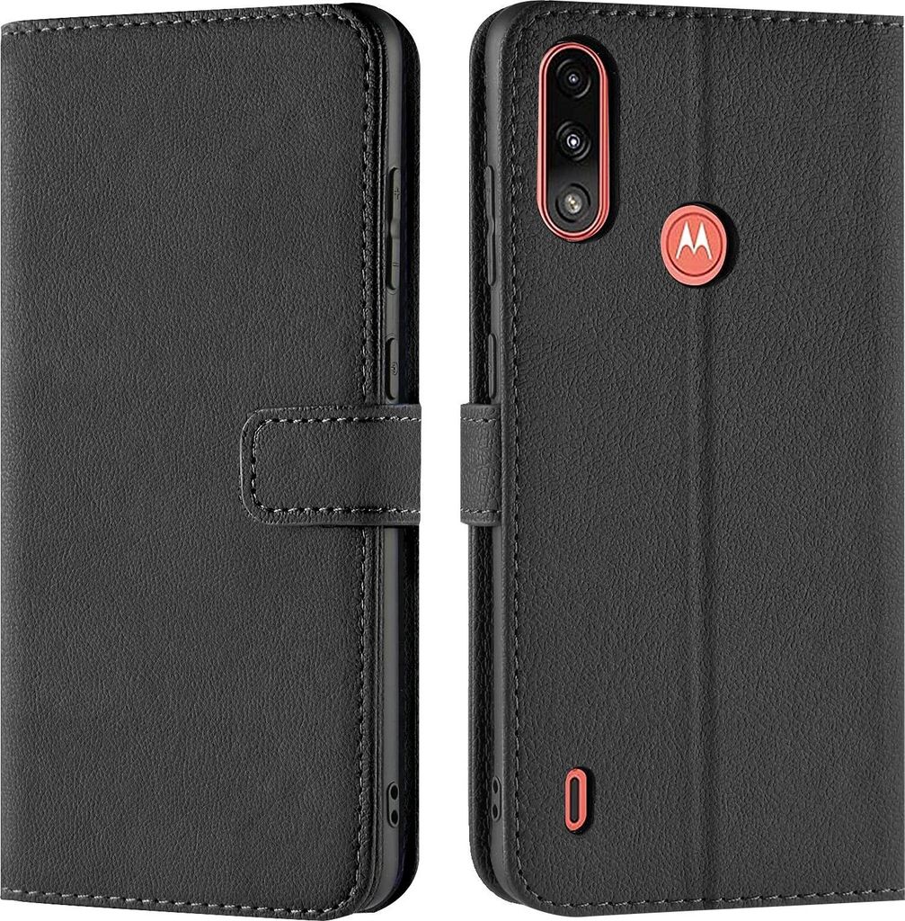 A black book-style phone case is shown open and closed, displaying the Motorola logo.