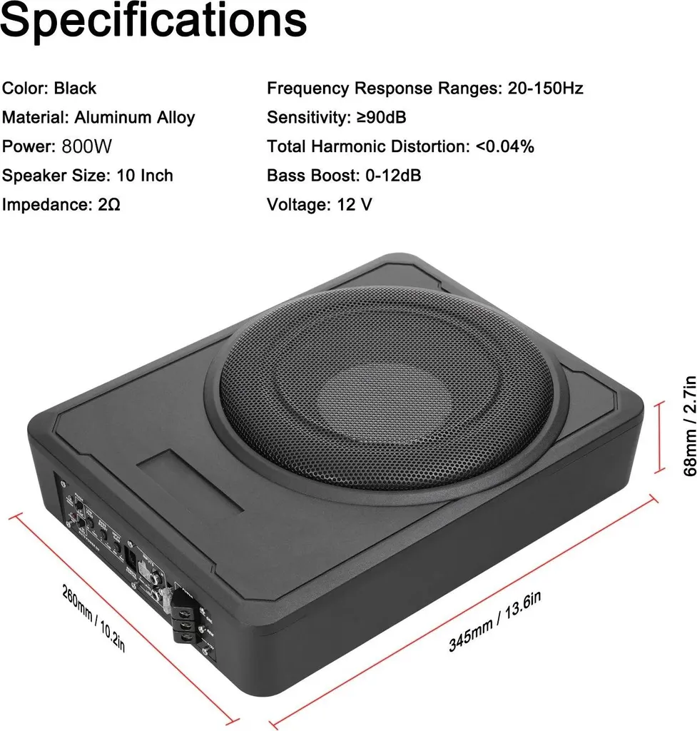 Subwoofer Attivo 12V 800W per Auto - Cassa Chiusa 23cm Slim Alluminio - 4