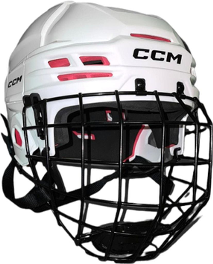 A white CCM hockey helmet with a black cage.