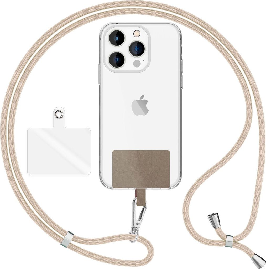 HoldMe Air Edition - Universal Lanyard mit 2 Pads & Karabinerhaken (silber) - 160cm Handyband zum Umhängen - Weiß Beige