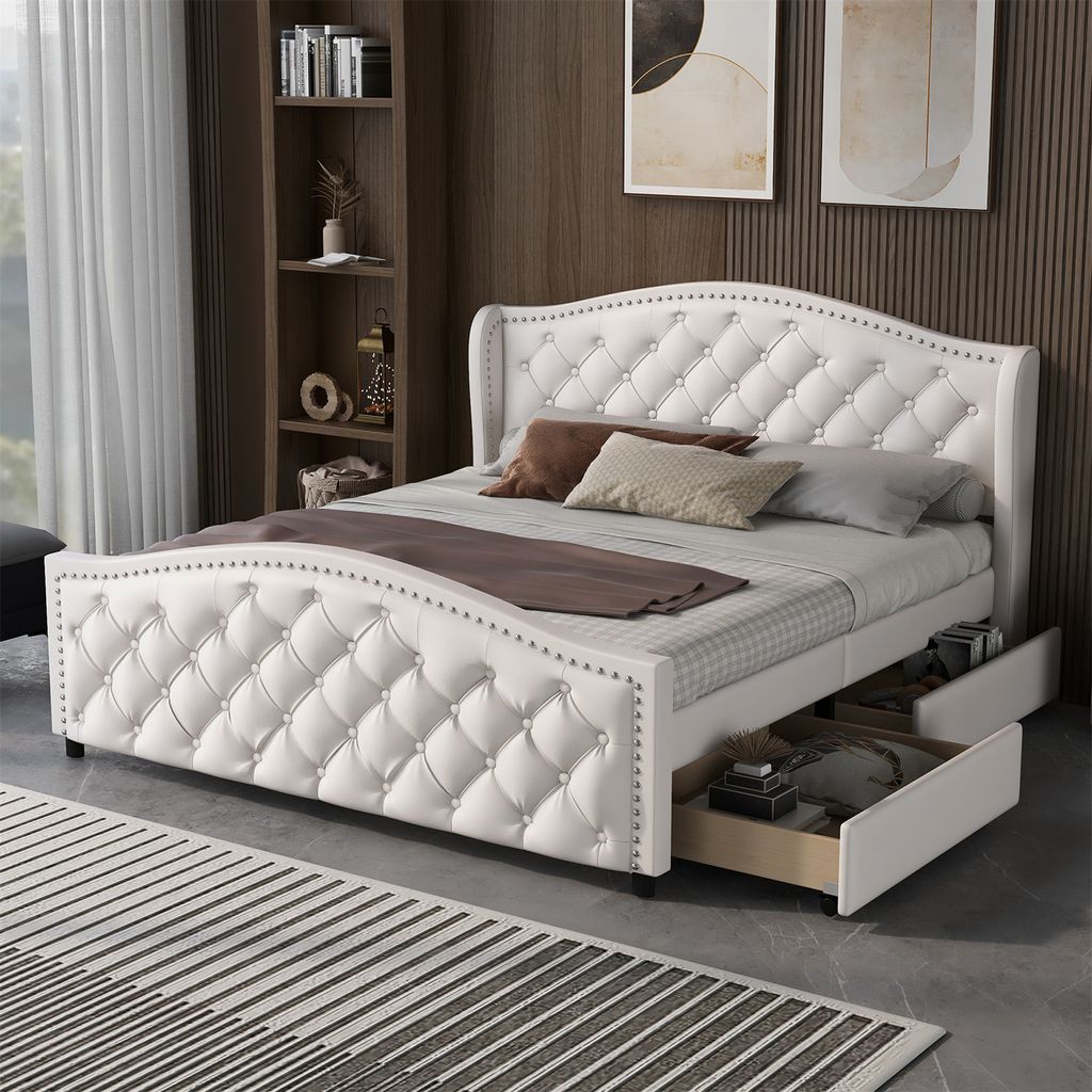 Polsterbett 160 x 200 cm - Bett mit Lattenrost, 2 Schubladen,Kopfteil mit Zugpunktnieten – Holz & Kunstleder - Weiß – Jugendbett Gästebett