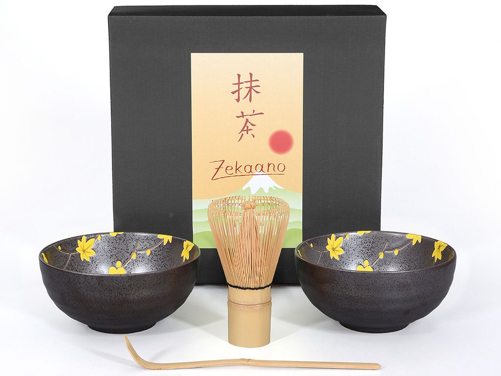 Matcha Set / Matchaset / 2x Matcha Schale 250ml, anthrazit/gelb, mit Besen und Löffel in Geschenkbox