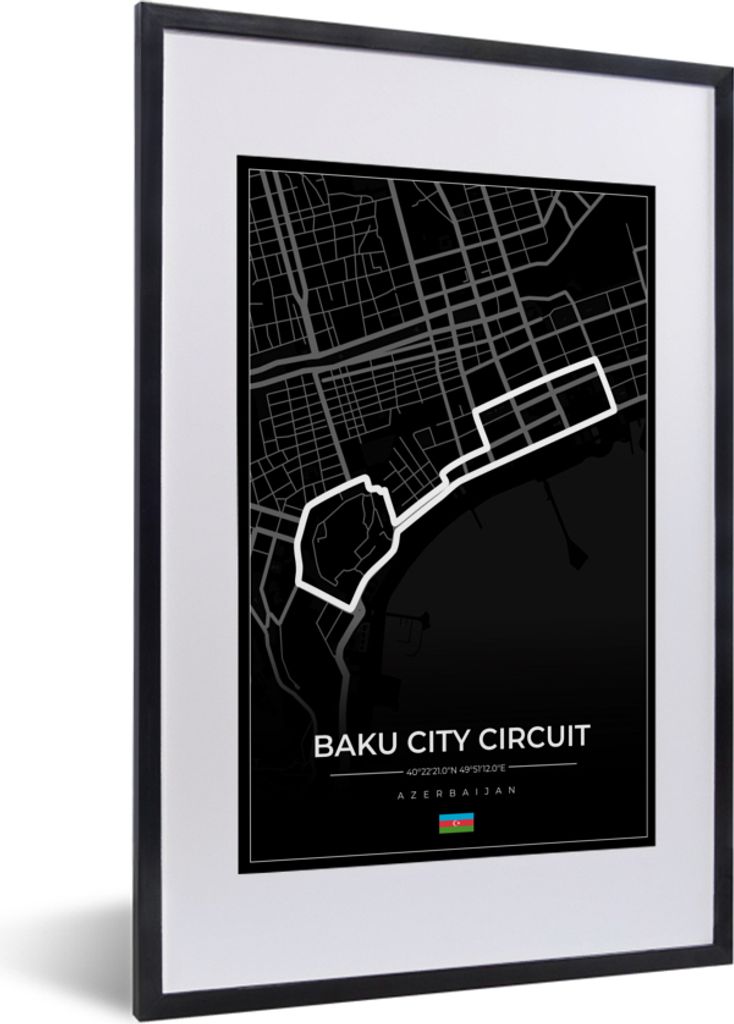 MuchoWow Gerahmtes Poster Rennstrecke - Rundkurs - F1 - Baku City Circuit - Aserbaidschan - Schwarz 40x60 cm - Poster mit Schwarzem Bilderrahmen ...