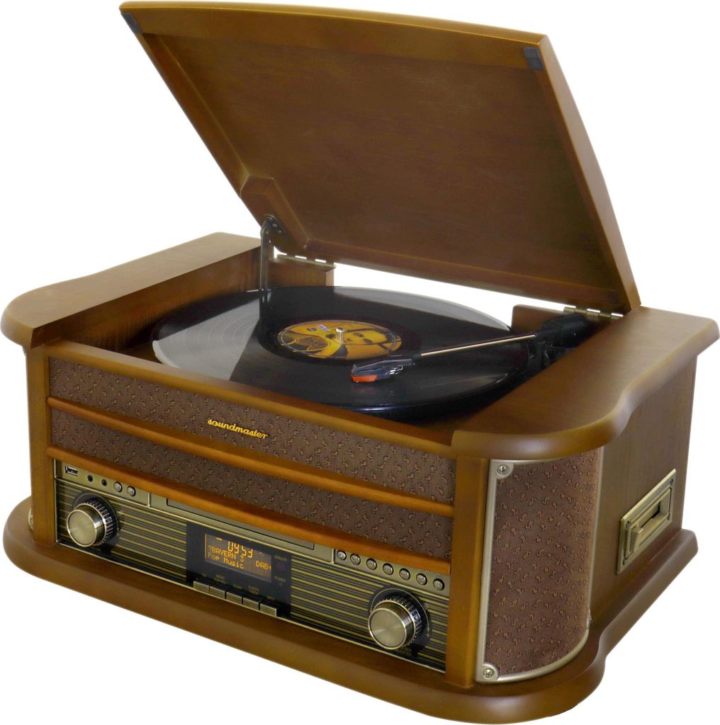A vintage-style stereo system with a turntable.