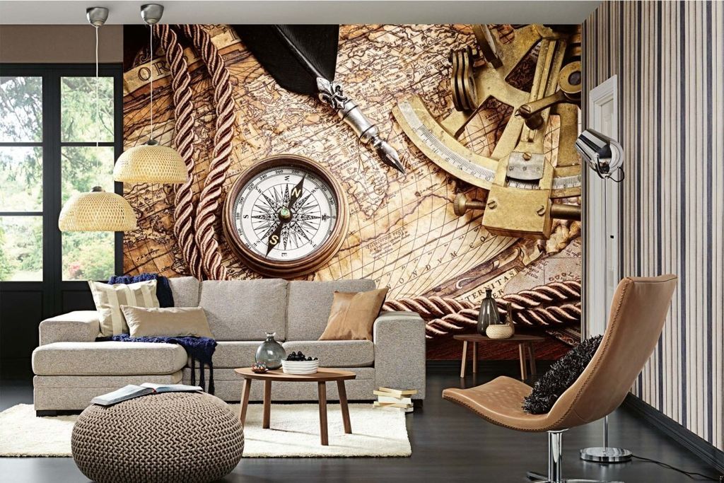 Vlies Fototapete VINTAGE KOMPASS UND ALTE KARTE 375 x 250 cm (inkl. Kleister) - Vlies Tapete, Wandtapete, Wandbilder - Tapete für Wohnzimmer Schla...