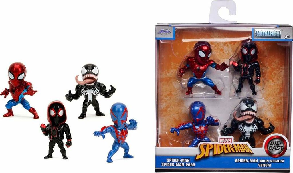 A set of four Spider-Man themed die-cast mini-figures in packaging, with an additional figure shown separately.