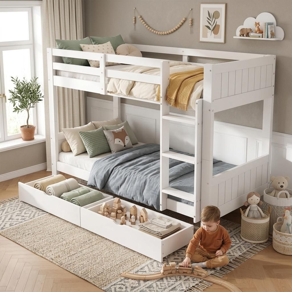 Cama nido de 90x200 cm para niños, color blanco, divisible Imagen del producto  Imagen generada por IA