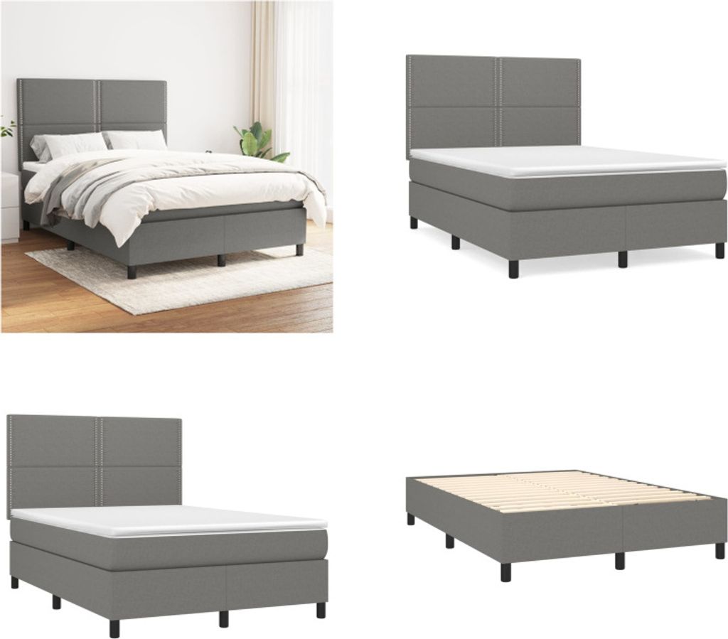 vidaXL Boxspringbett mit Matratze Dunkelgrau 140x190 cm Stoff - Boxspringbett - Boxspringbetten - Bett - Schlafzimmermöbel
