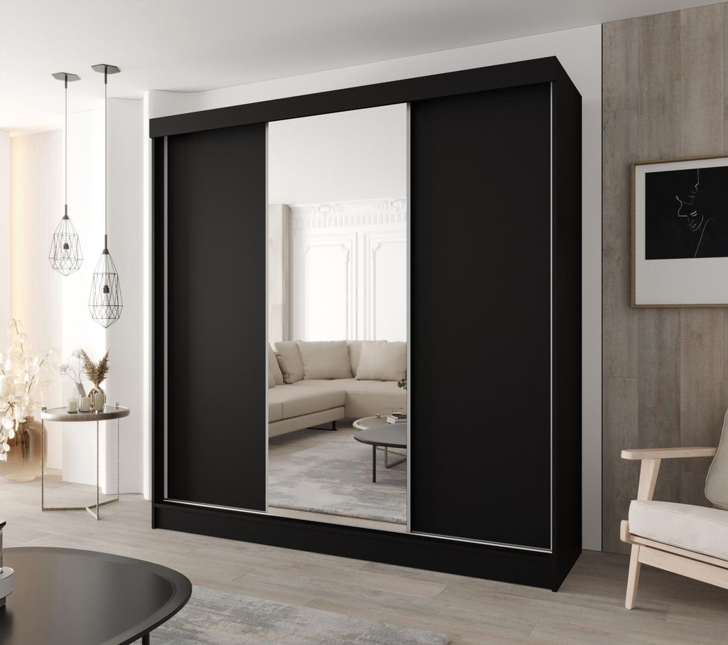 Moderner 3-türiger Schwebetürenschrank 170 × 205 cm – Schwarz mit Spiegel