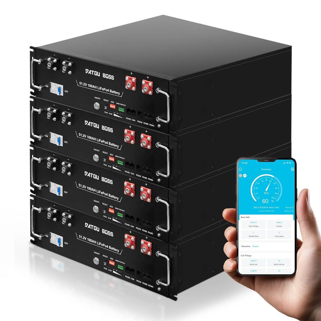 Rackmontierbarer LiFePO4-Akku - Batteriemodul für Rack - 48V (51,2V) 100Ah 5,12 kWh - Integriertes BMS - RS485/CAN/RS232 - 4er-Pack