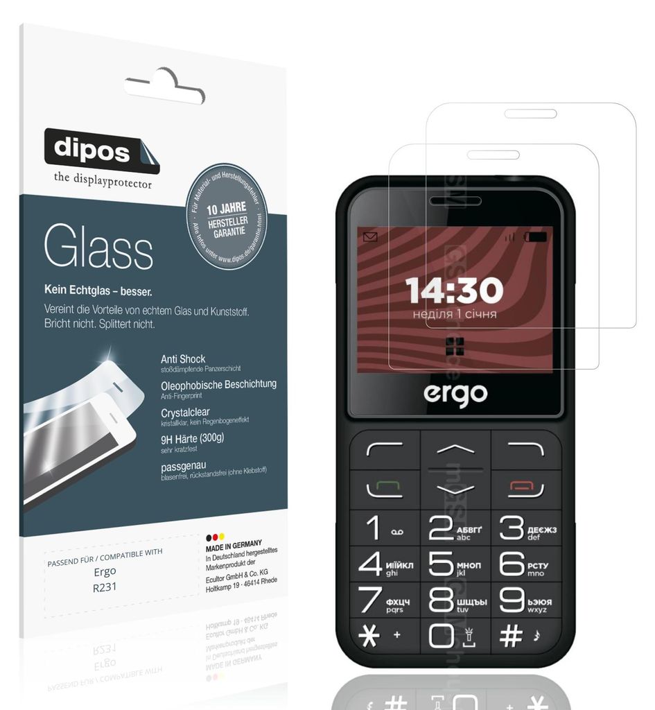 2x Schutzfolie für Ergo R231 - Anti-Shock 9H Folie dipos Glass Kunststoffglas