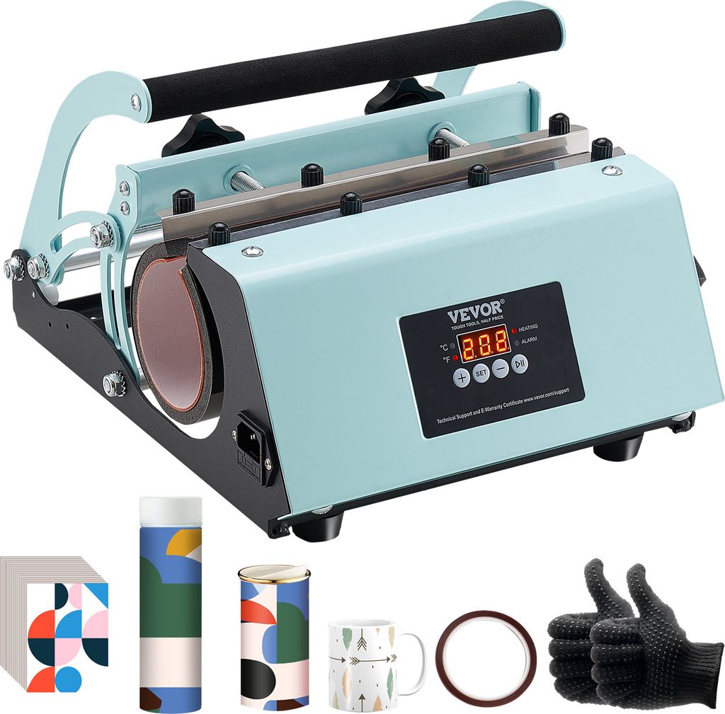 A VEVOR tumbler heat press machine with various accessories for sublimation printing, including tumblers, sublimation paper, tape, and gloves.