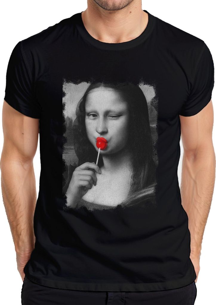 Mona Lisa Lutscher Pop Art Renaissance Parodie Retro Vintage Cool Herren T-Shirt, Schwarz, M