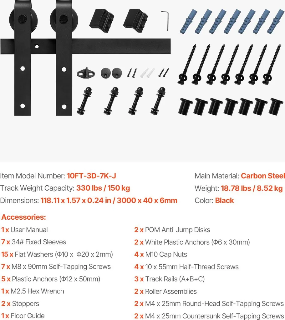 Kit Ferramenta Porta Fienile VEVOR 10ft Nero | Design Loft Industriale - 7