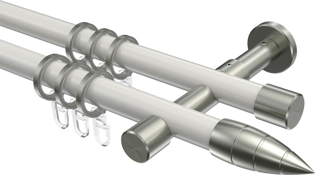 Interdeco Gardinenstange / Vorhangstange Weiß / Edelstahl-Optik, Typ Prestige Samanto (Rillenpatrone), 20 mm Ø 2-läufig, 280 cm
