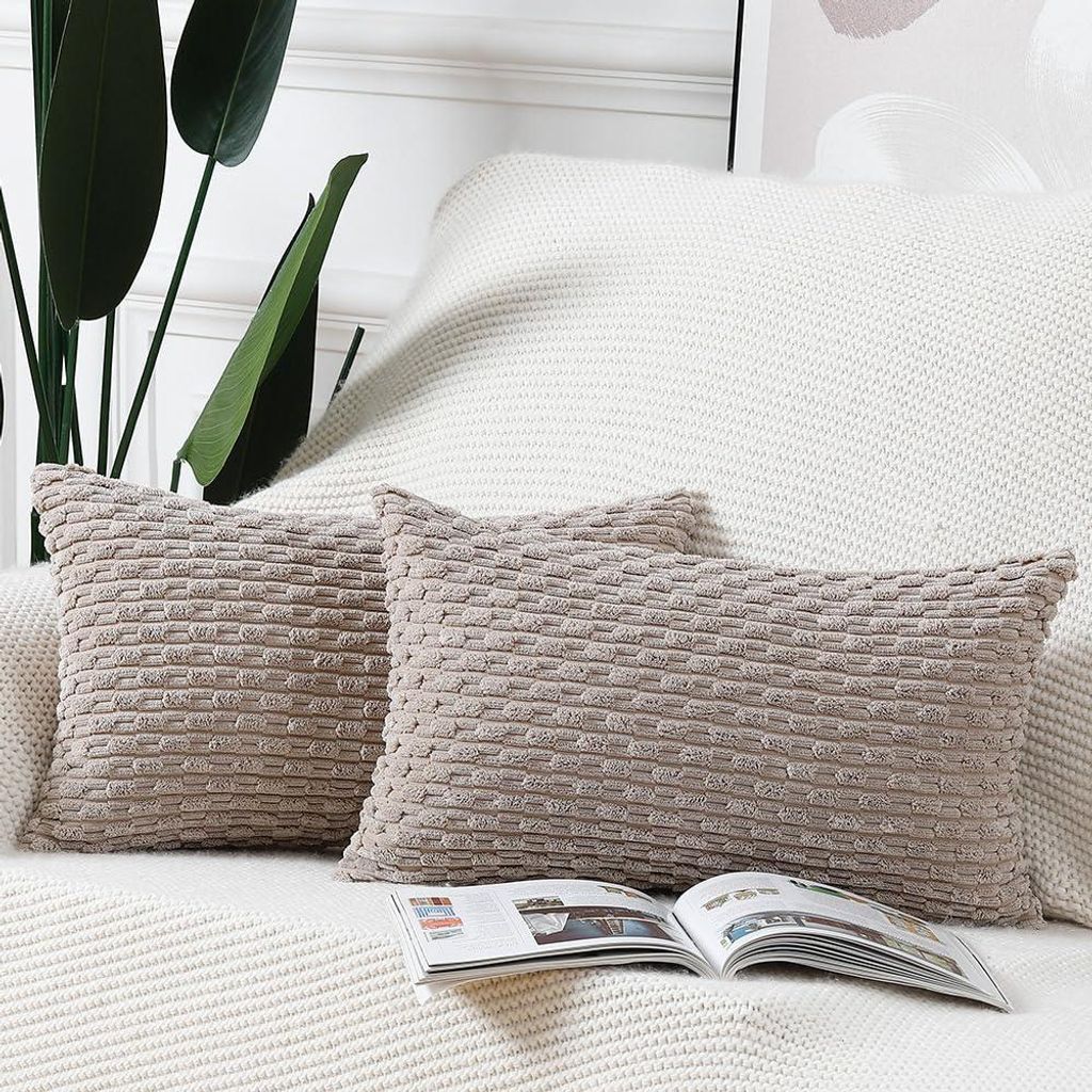 Set mit 2 gestreiften Boho-Kissenbezügen, weiche Cord-Dekokissenbezüge für Schlafzimmer und Sofa, taupefarben, 40 x 60 cm