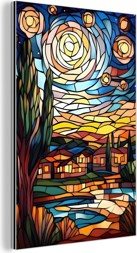 MuchoWow Wanddekoration Metall Metallbild Wandkunst 60x90 cm Himmel - Sterne - Mosaik - Häuser MuchoWow Aluminium Gemälde - Wandbilder - Aluminium